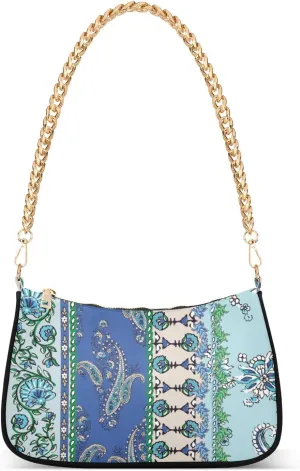 Women Chain Shoulder Purse Bag With Zipper Patchwork Flowers Pattern Print, Boho Style Paisley Hobo Tote Clutch Handbags with Chain Strap