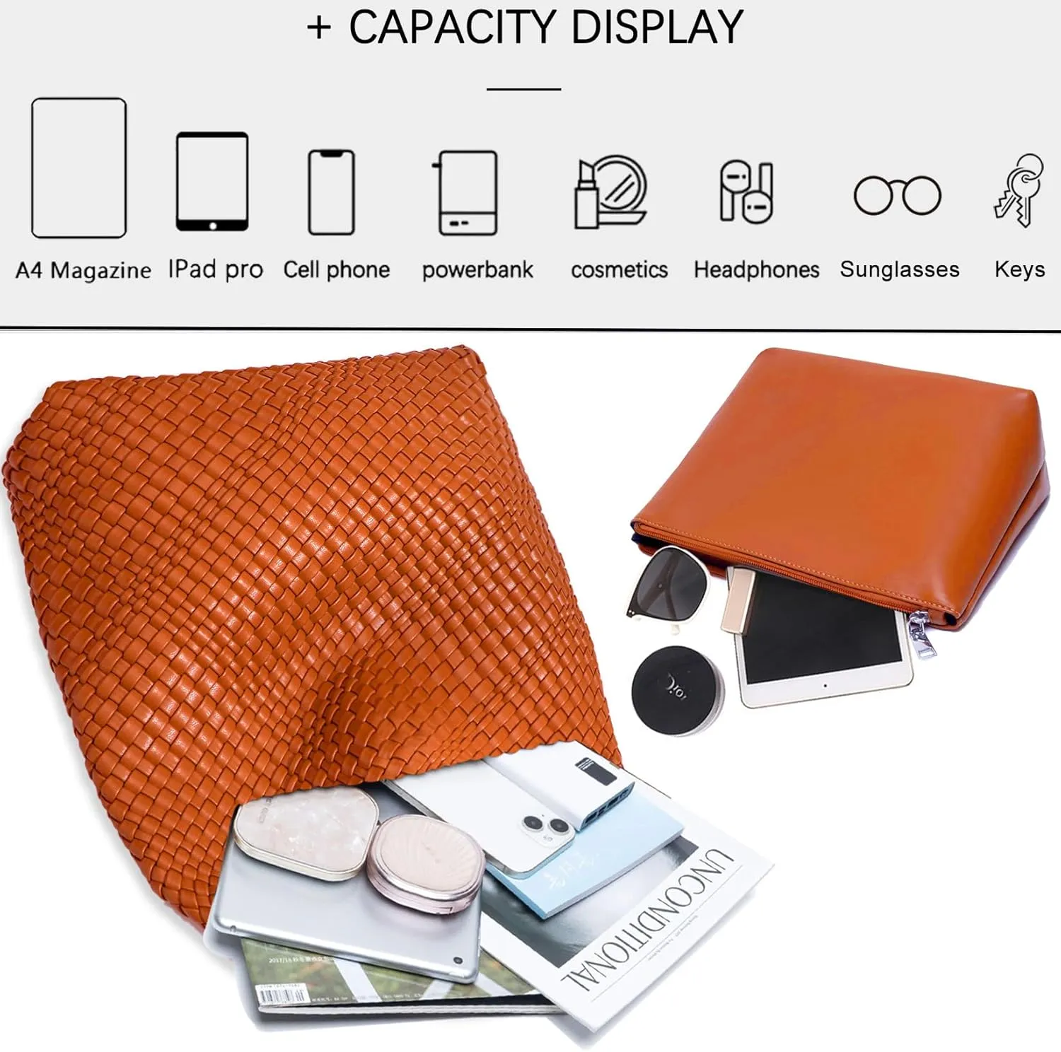 Women Vegan Leather Hand-Woven Tote Handbag Fashion Shoulder Top-handle Bag All-Match Underarm Bag with Purse