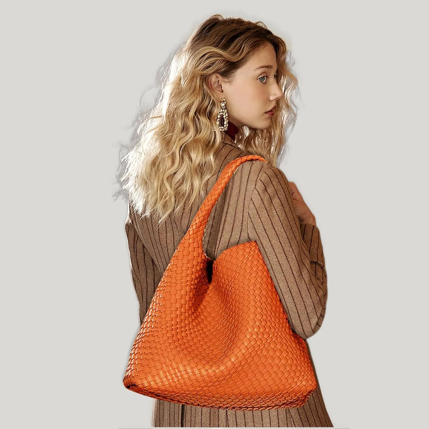 Women Vegan Leather Hand-Woven Tote Handbag Fashion Shoulder Top-handle Bag All-Match Underarm Bag with Purse