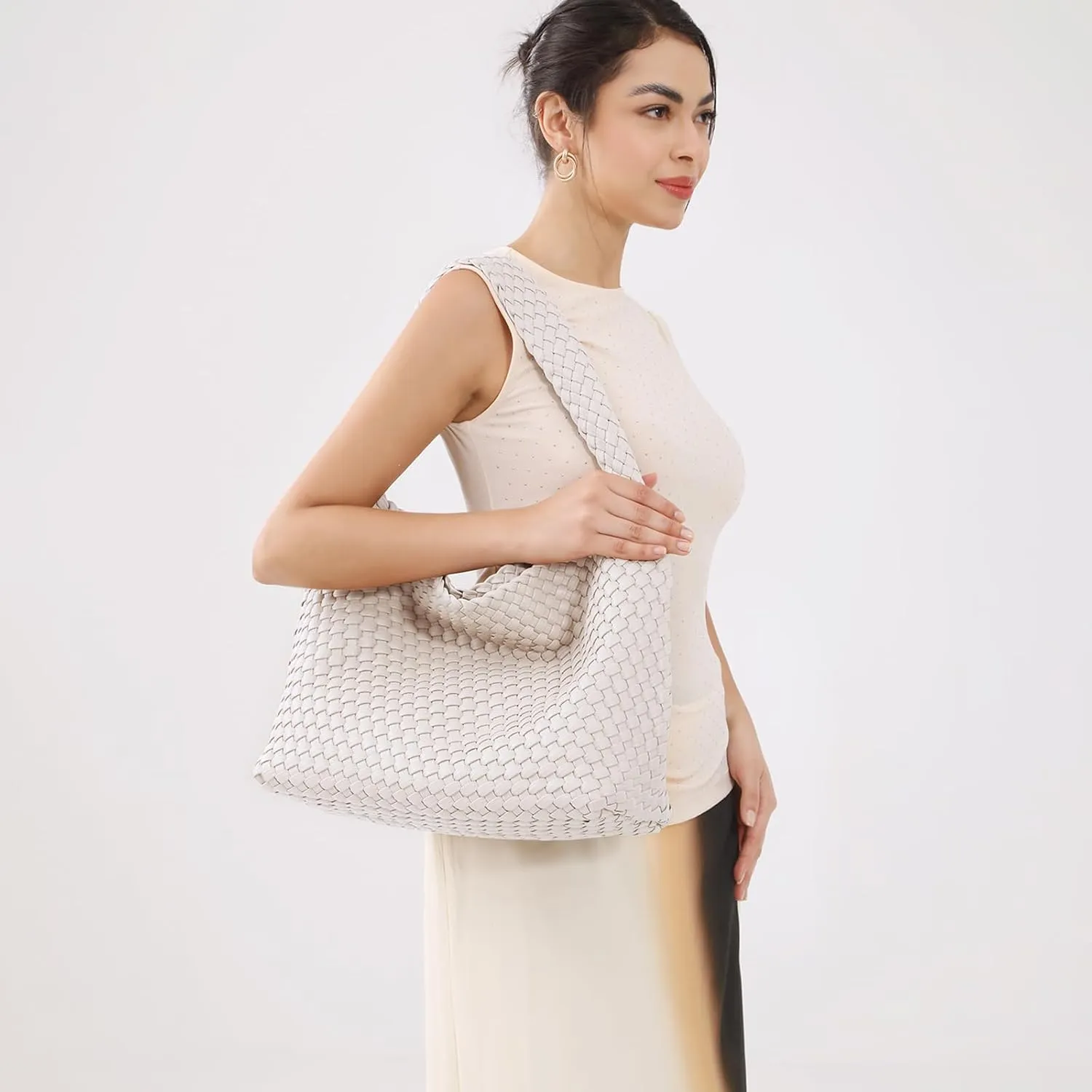 Women Vegan Leather Handmade Tote Bag Large Shoulder Top-handle Bag All-Match Underarm Bag with Purse Beach Handbag