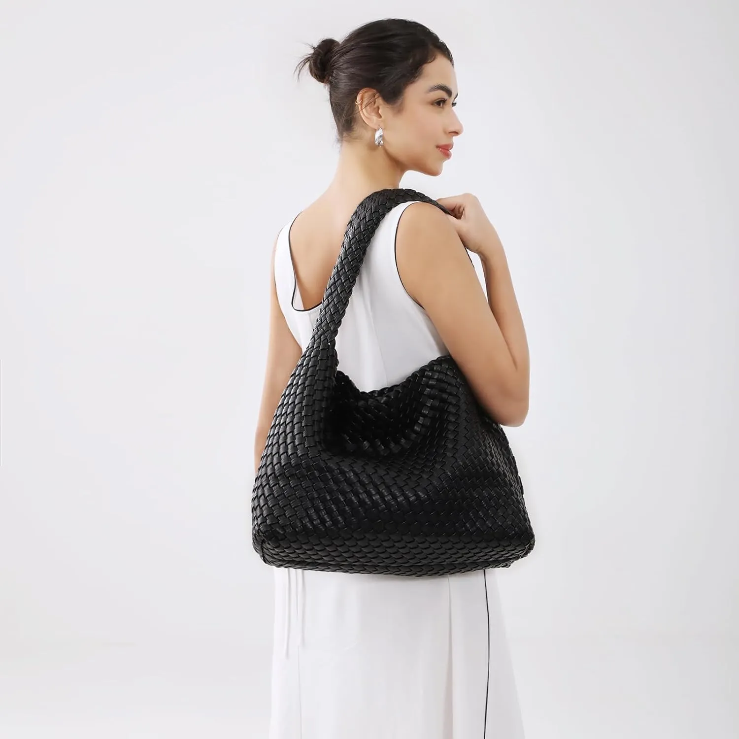 Women Vegan Leather Handmade Tote Bag Large Shoulder Top-handle Bag All-Match Underarm Bag with Purse Beach Handbag