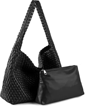 Women Vegan Leather Handmade Tote Bag Large Shoulder Top-handle Bag All-Match Underarm Bag with Purse Beach Handbag