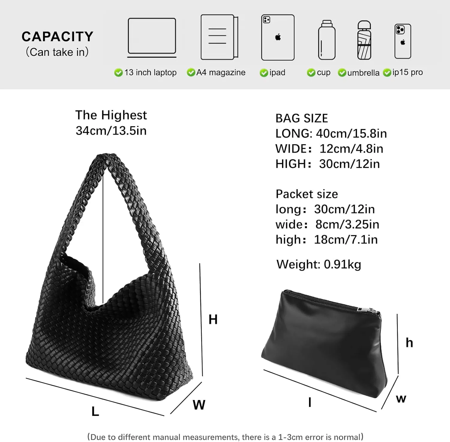 Women Vegan Leather Handmade Tote Bag Large Shoulder Top-handle Bag All-Match Underarm Bag with Purse Beach Handbag