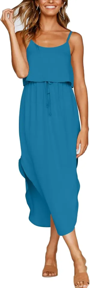 Women's Adjustable Strappy Split Summer Beach Casual Midi Dress