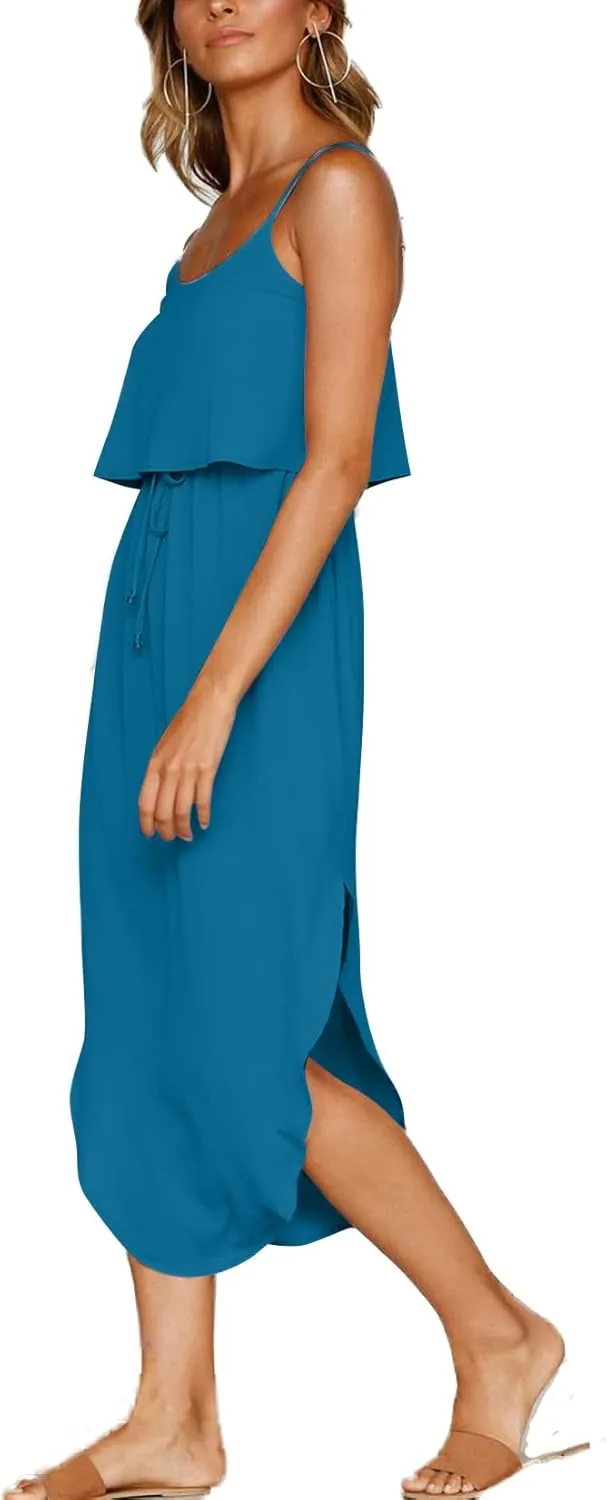 Women's Adjustable Strappy Split Summer Beach Casual Midi Dress