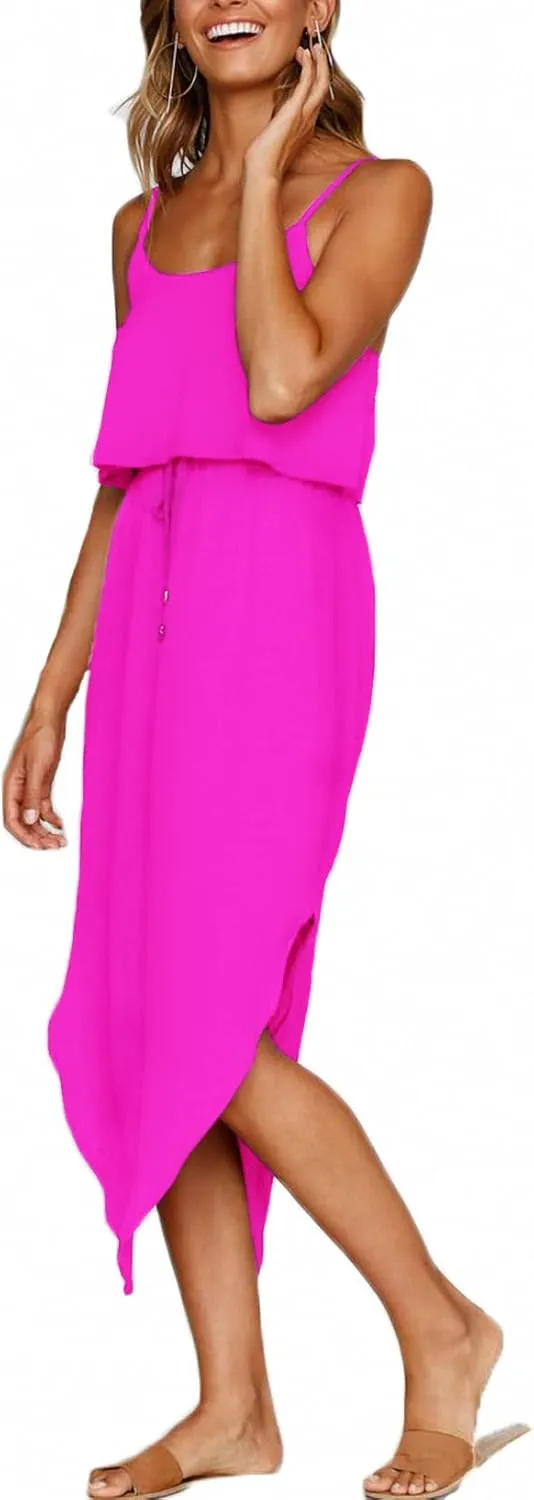Women's Adjustable Strappy Split Summer Beach Casual Midi Dress