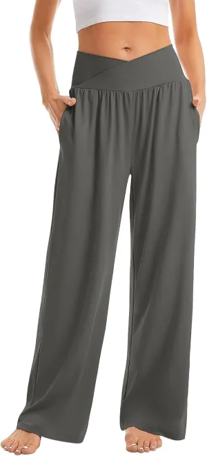 Women's Casual Loose Wide Leg Cozy Pant Crossover High Waisted Yoga Pants Lounge Comfy Joggers Summer Flowy Trousers