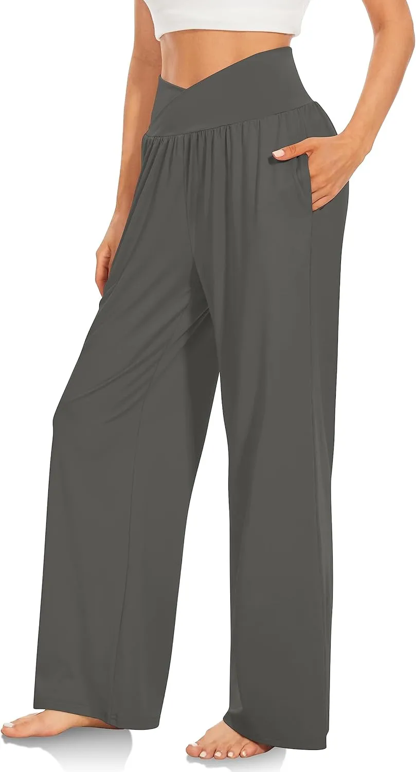 Women's Casual Loose Wide Leg Cozy Pant Crossover High Waisted Yoga Pants Lounge Comfy Joggers Summer Flowy Trousers