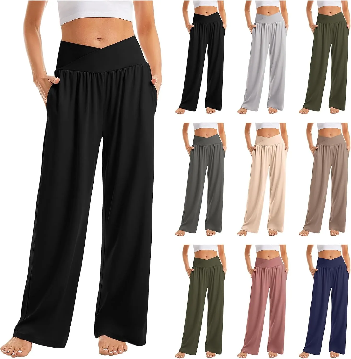 Women's Casual Loose Wide Leg Cozy Pant Crossover High Waisted Yoga Pants Lounge Comfy Joggers Summer Flowy Trousers
