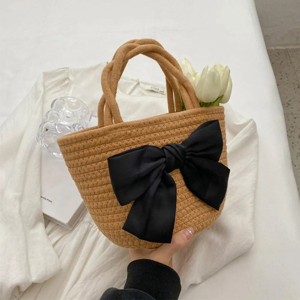 Women’s Cotton Tote Bags Handmade Tote Handbags with Bow Twisted Handles Summer Beach Bag Travel Shopping Handbag