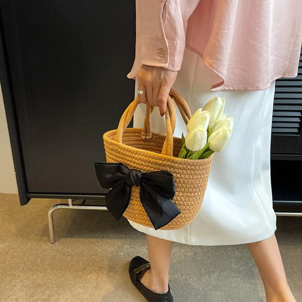 Women’s Cotton Tote Bags Handmade Tote Handbags with Bow Twisted Handles Summer Beach Bag Travel Shopping Handbag