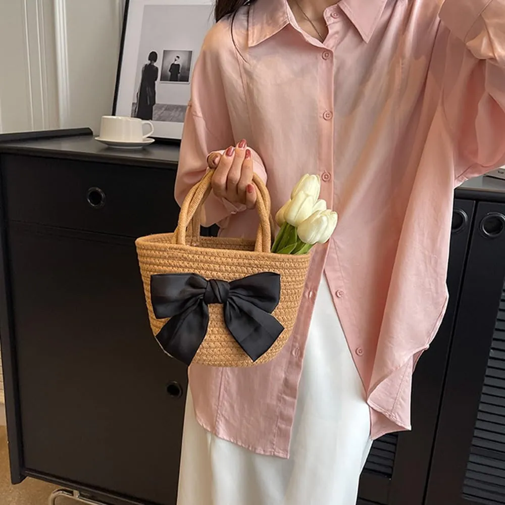 Women’s Cotton Tote Bags Handmade Tote Handbags with Bow Twisted Handles Summer Beach Bag Travel Shopping Handbag