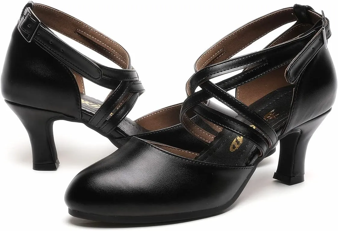 Women's Cross Strap Character Shoes Non-Slip Salsa Latin Ballroom Dance Pumps Black Wedding Heels