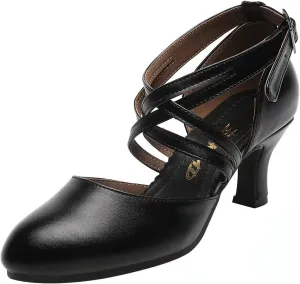 Women's Cross Strap Character Shoes Non-Slip Salsa Latin Ballroom Dance Pumps Black Wedding Heels