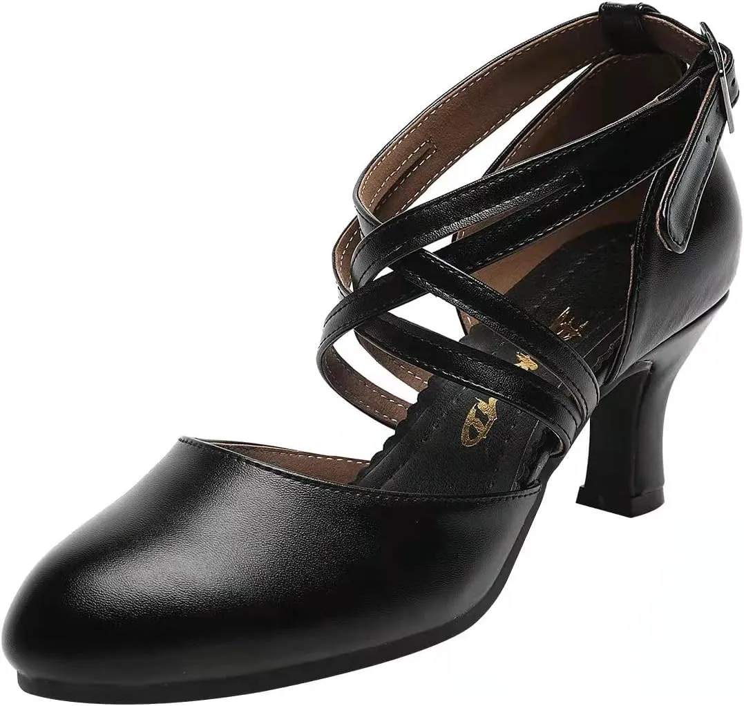 Women's Cross Strap Character Shoes Non-Slip Salsa Latin Ballroom Dance Pumps Black Wedding Heels