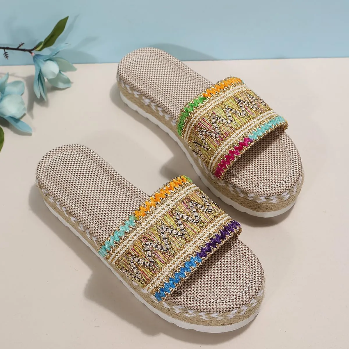 Women's Ethnic Style Thick Sole Woven Holiday Slippers, Hemp Rope Platform Slippers, Boho Ladies Braided Slippers, Casual Platform Sandals Relieve Foot Fatigue (Black,40)