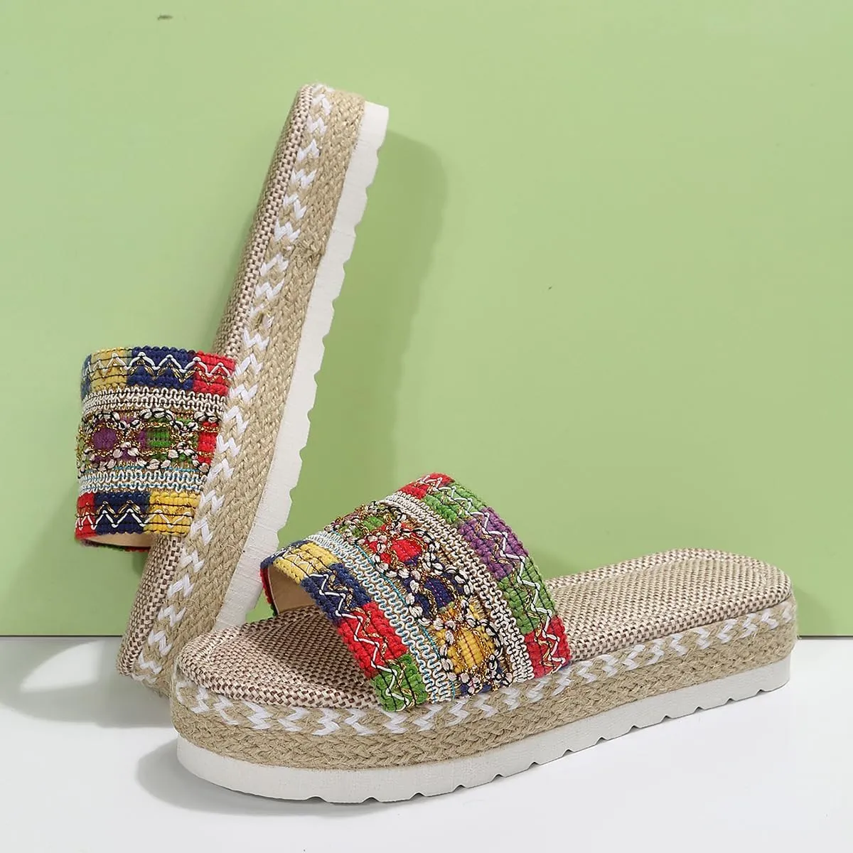 Women's Ethnic Style Thick Sole Woven Holiday Slippers, Hemp Rope Platform Slippers, Boho Ladies Braided Slippers, Casual Platform Sandals Relieve Foot Fatigue (Black,40)