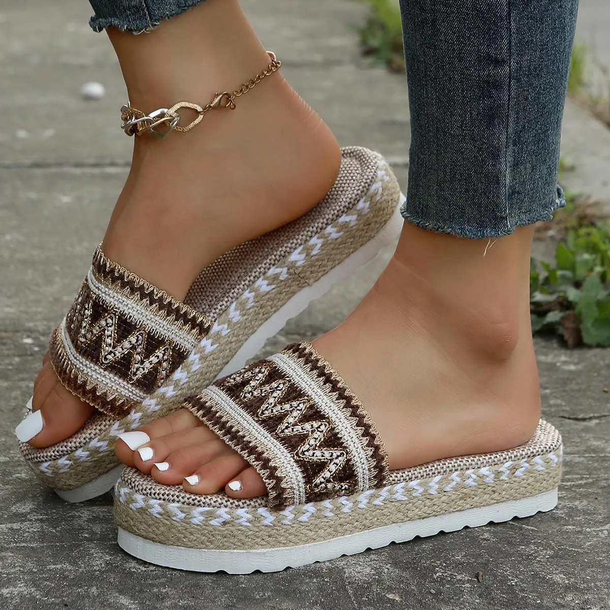Women's Ethnic Style Thick Sole Woven Holiday Slippers, Hemp Rope Platform Slippers, Boho Ladies Braided Slippers, Casual Platform Sandals Relieve Foot Fatigue (Black,40)