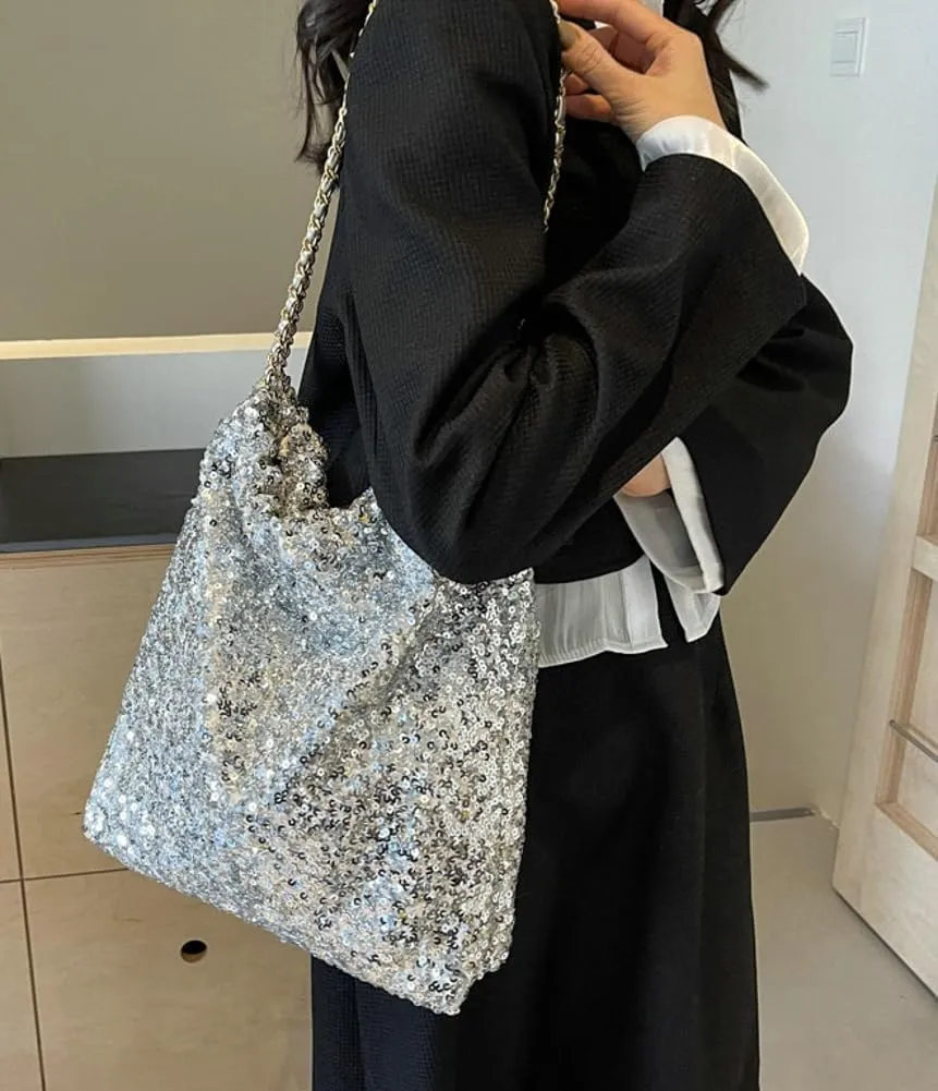 Womens Fashion Shoulder Bag Y2k Sparkly Glitter Sequin Purse Large Totes Top Handle Satchel with Chain Party