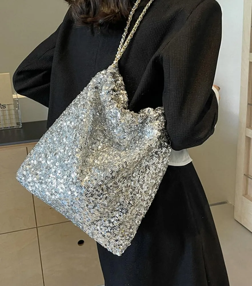 Womens Fashion Shoulder Bag Y2k Sparkly Glitter Sequin Purse Large Totes Top Handle Satchel with Chain Party