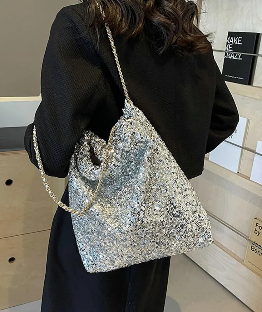 Womens Fashion Shoulder Bag Y2k Sparkly Glitter Sequin Purse Large Totes Top Handle Satchel with Chain Party