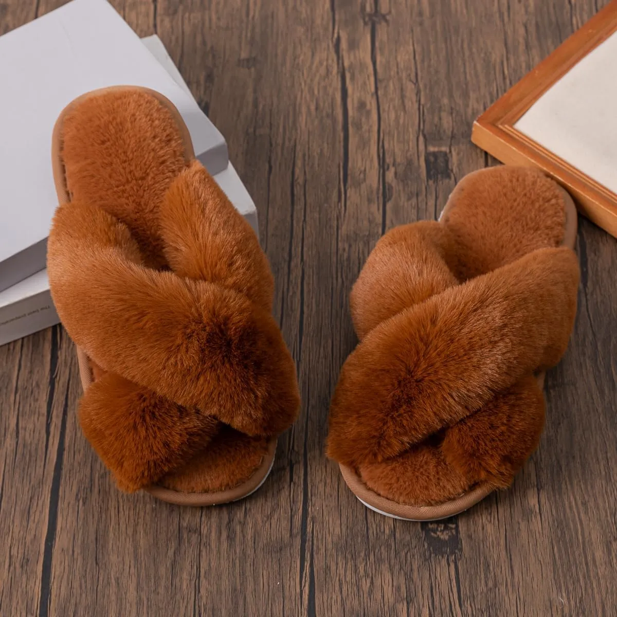Women's Fuzzy Cross Band Slippers Indoor Outdoor Soft Open Toe House Slippers