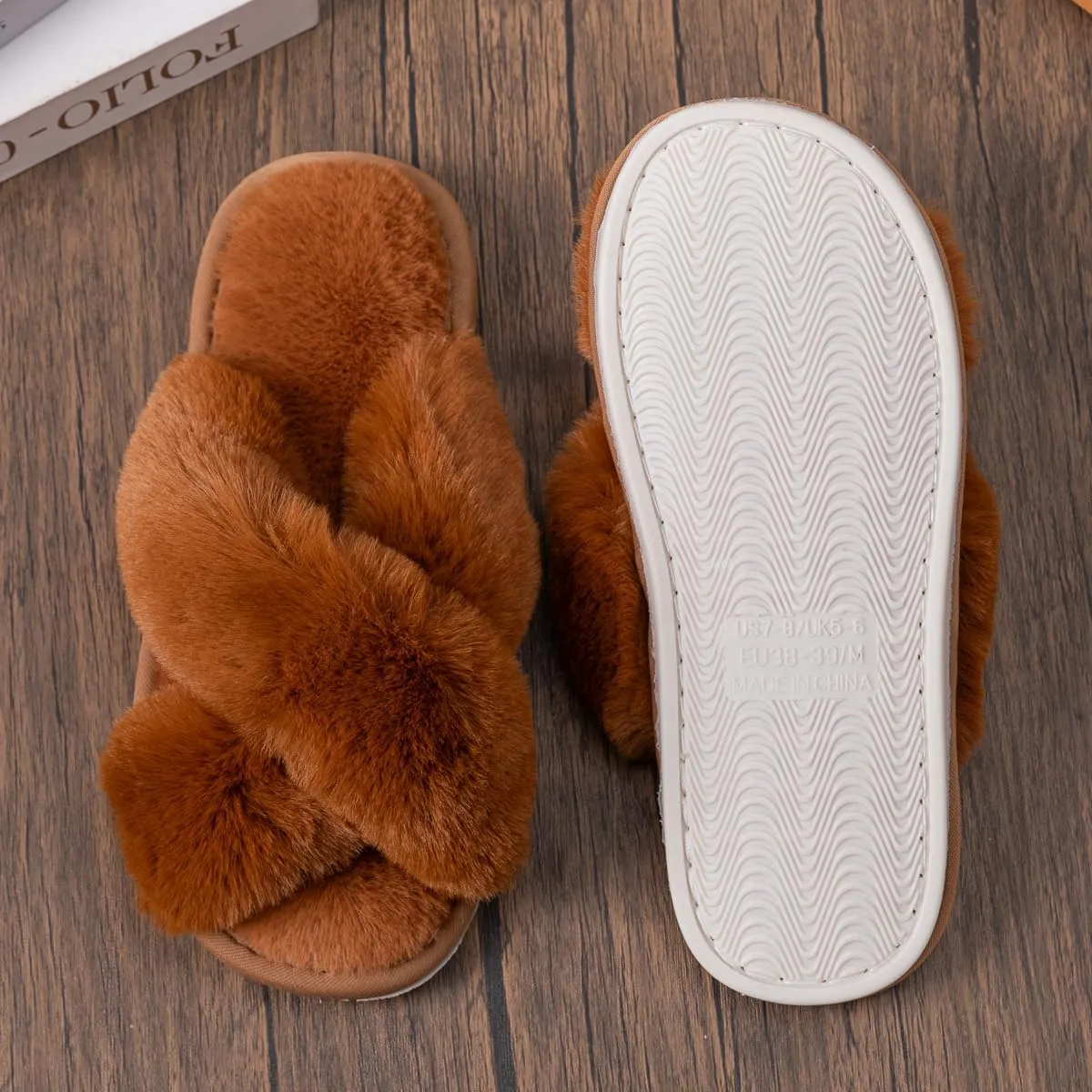 Women's Fuzzy Cross Band Slippers Indoor Outdoor Soft Open Toe House Slippers