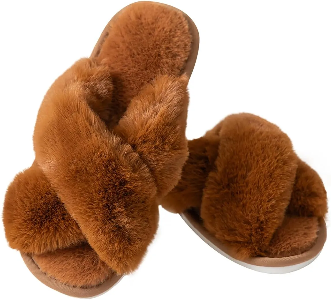 Women's Fuzzy Cross Band Slippers Indoor Outdoor Soft Open Toe House Slippers