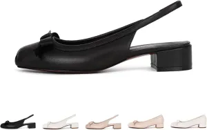 Women's Genuine Leather Bow Tie Low Chunky Block Heel Pumps Fashion Closed Square Toe Slingback Slip On Work Pumps Wedding Party Business Dress Shoes