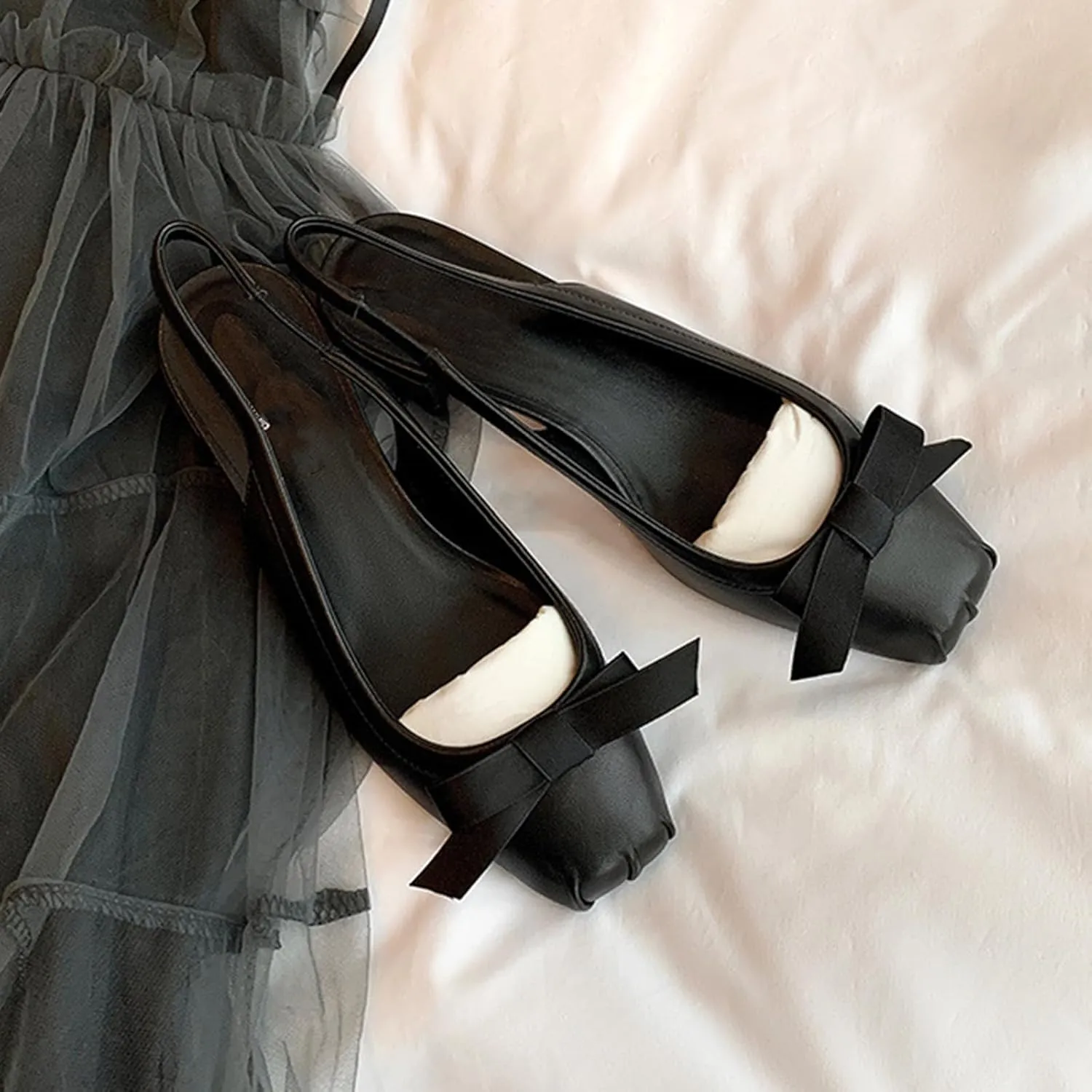 Women's Genuine Leather Bow Tie Low Chunky Block Heel Pumps Fashion Closed Square Toe Slingback Slip On Work Pumps Wedding Party Business Dress Shoes