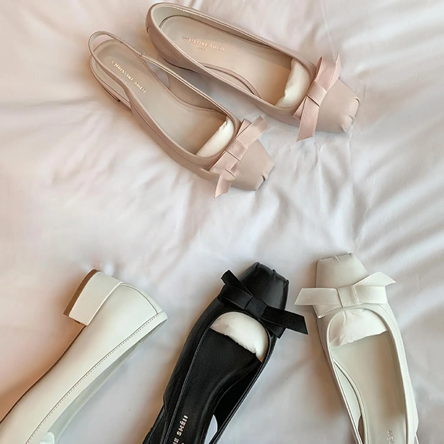 Women's Genuine Leather Bow Tie Low Chunky Block Heel Pumps Fashion Closed Square Toe Slingback Slip On Work Pumps Wedding Party Business Dress Shoes