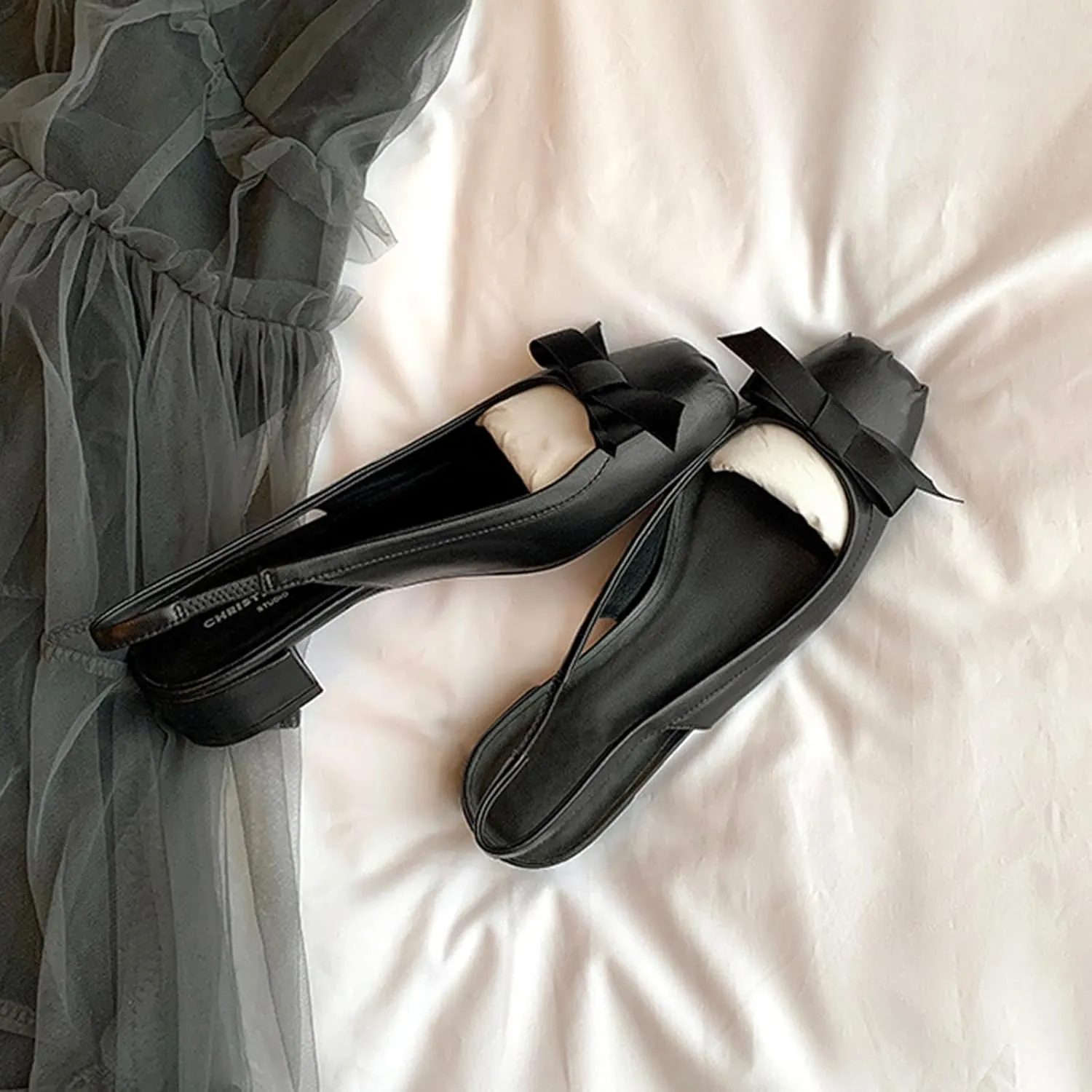 Women's Genuine Leather Bow Tie Low Chunky Block Heel Pumps Fashion Closed Square Toe Slingback Slip On Work Pumps Wedding Party Business Dress Shoes