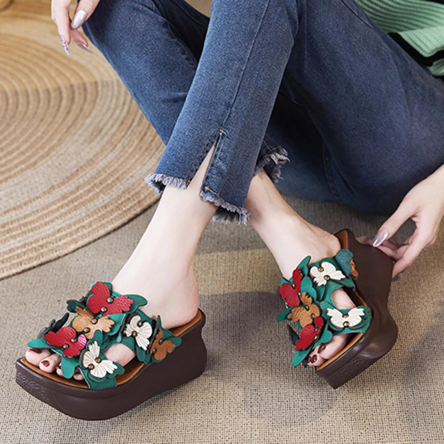 Women's Genuine Leather Colorblock Butterfly Platform Wedge Sandals Retro National Style Open Round Toe Slip-On Heighten Slides Sandals Summer Comfortable Casual Beach Shoes