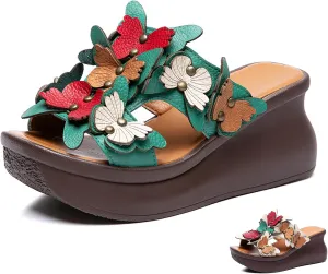 Women's Genuine Leather Colorblock Butterfly Platform Wedge Sandals Retro National Style Open Round Toe Slip-On Heighten Slides Sandals Summer Comfortable Casual Beach Shoes