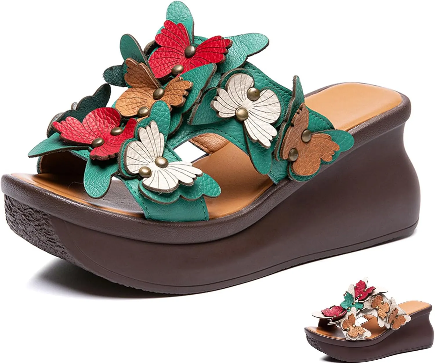 Women's Genuine Leather Colorblock Butterfly Platform Wedge Sandals Retro National Style Open Round Toe Slip-On Heighten Slides Sandals Summer Comfortable Casual Beach Shoes