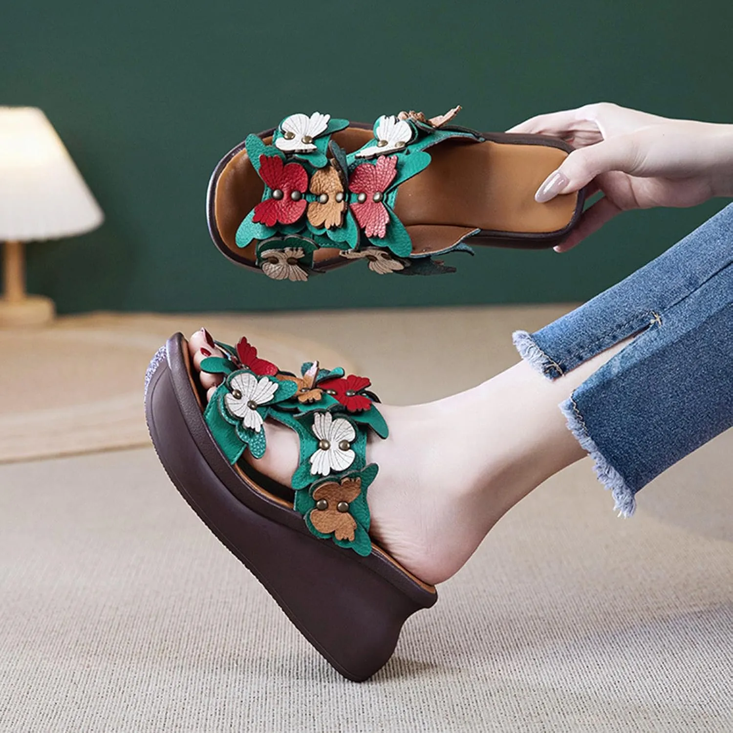 Women's Genuine Leather Colorblock Butterfly Platform Wedge Sandals Retro National Style Open Round Toe Slip-On Heighten Slides Sandals Summer Comfortable Casual Beach Shoes