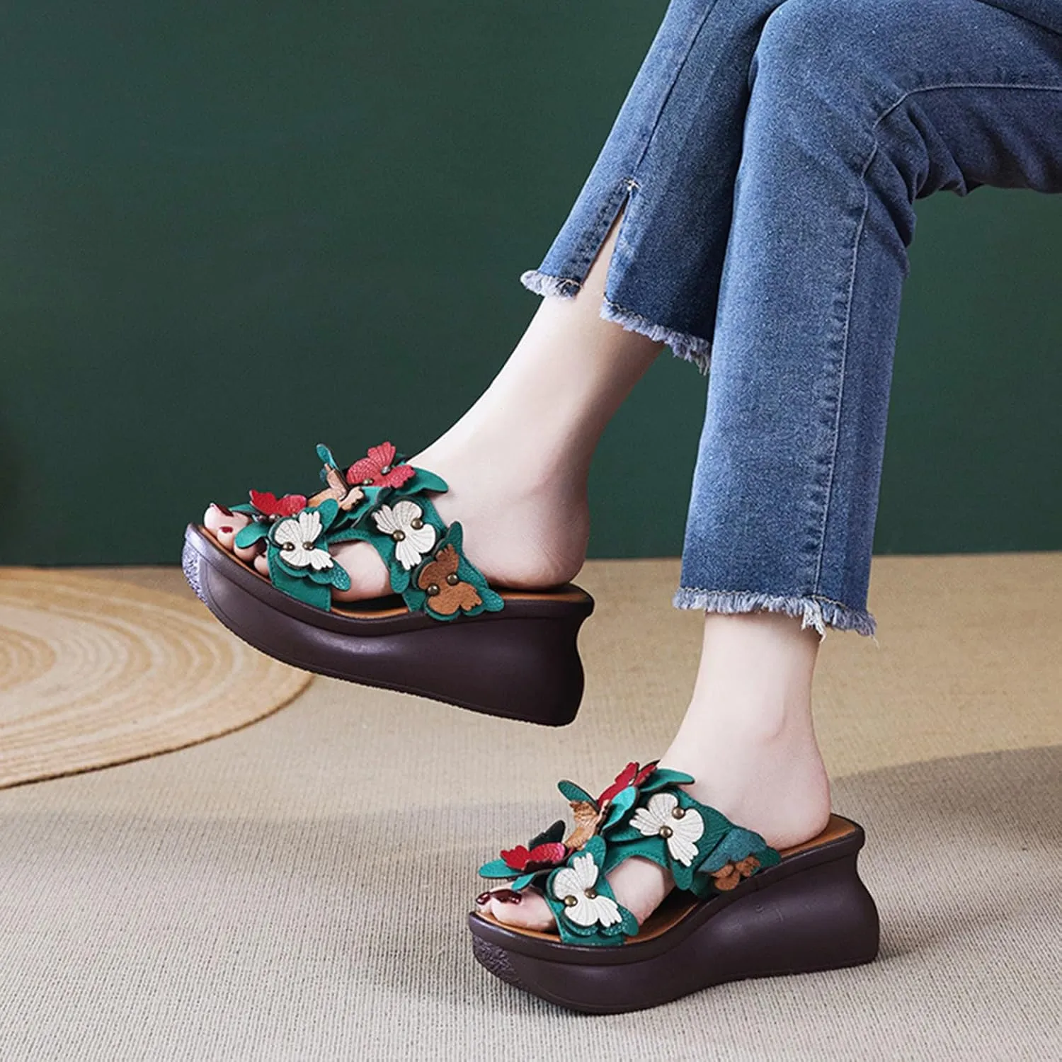 Women's Genuine Leather Colorblock Butterfly Platform Wedge Sandals Retro National Style Open Round Toe Slip-On Heighten Slides Sandals Summer Comfortable Casual Beach Shoes