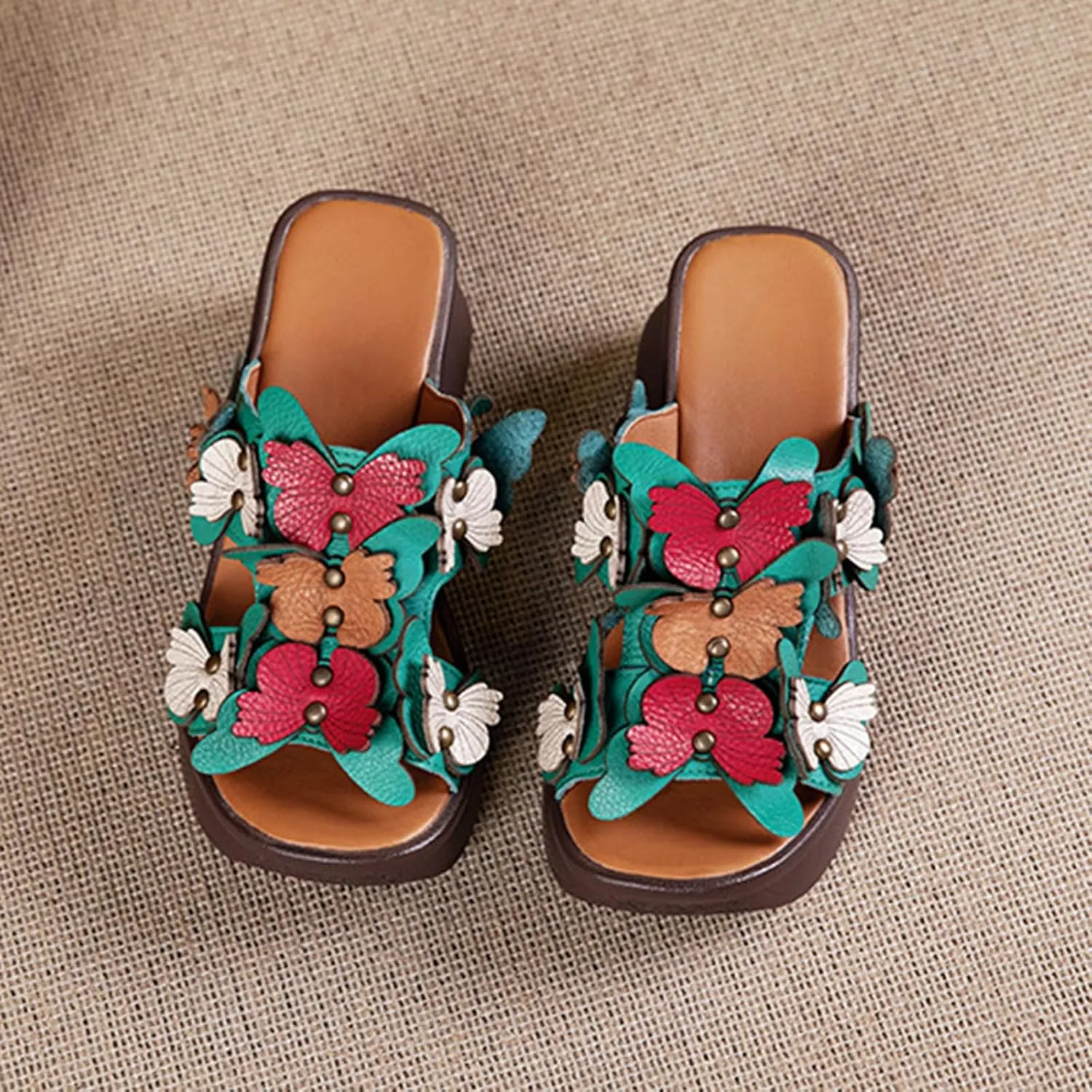 Women's Genuine Leather Colorblock Butterfly Platform Wedge Sandals Retro National Style Open Round Toe Slip-On Heighten Slides Sandals Summer Comfortable Casual Beach Shoes