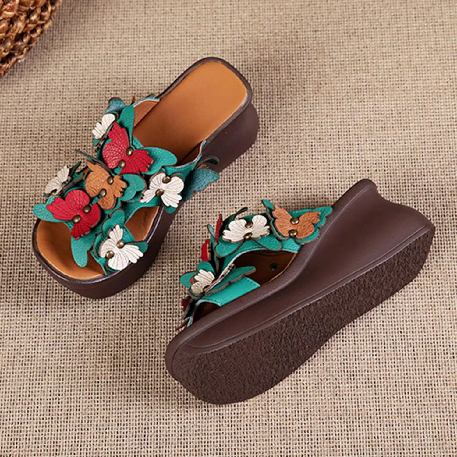 Women's Genuine Leather Colorblock Butterfly Platform Wedge Sandals Retro National Style Open Round Toe Slip-On Heighten Slides Sandals Summer Comfortable Casual Beach Shoes