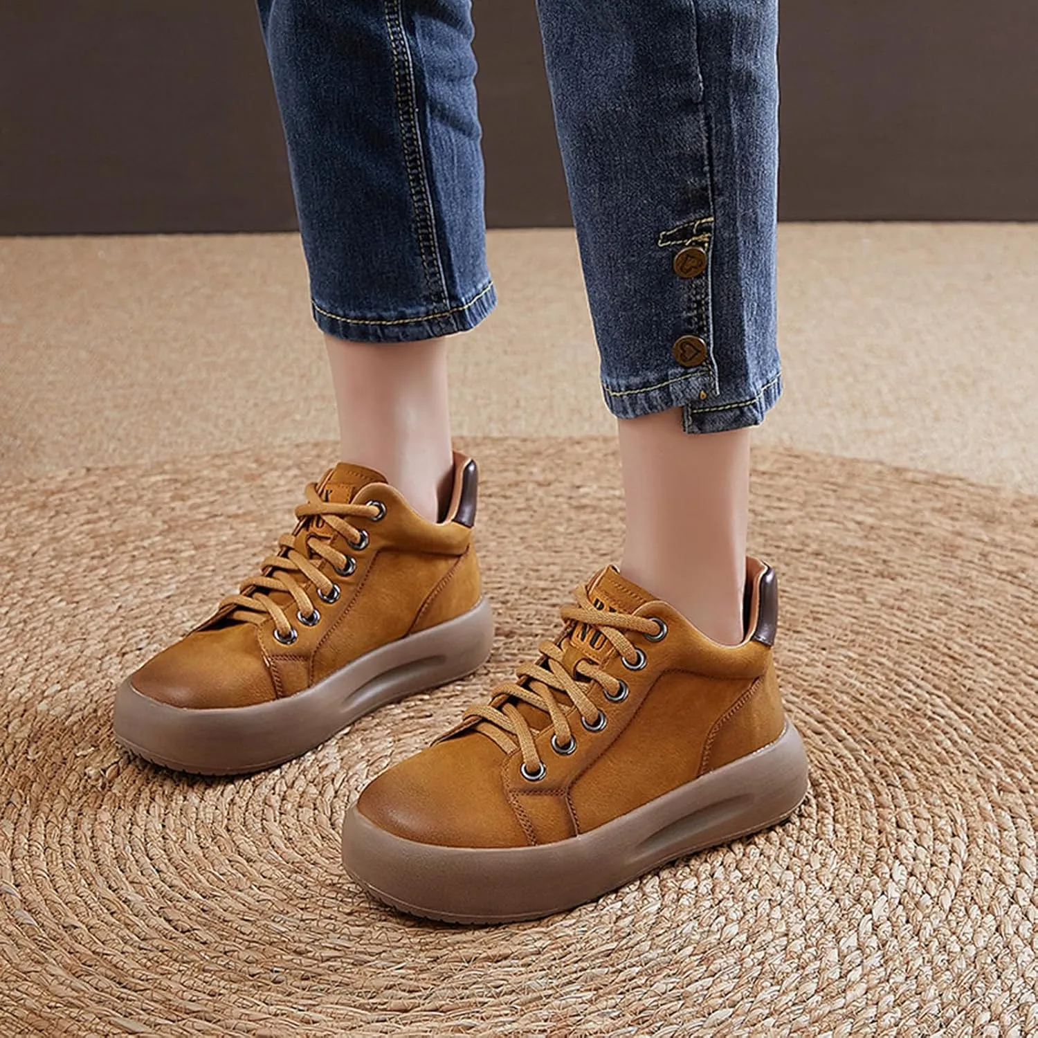 Women's Genuine Leather Platform High Top Fashion Sneaker Retro Round Toe Lace Up Chunky Casual Sneakers Soft Comfortable Heighten Walking Shoes