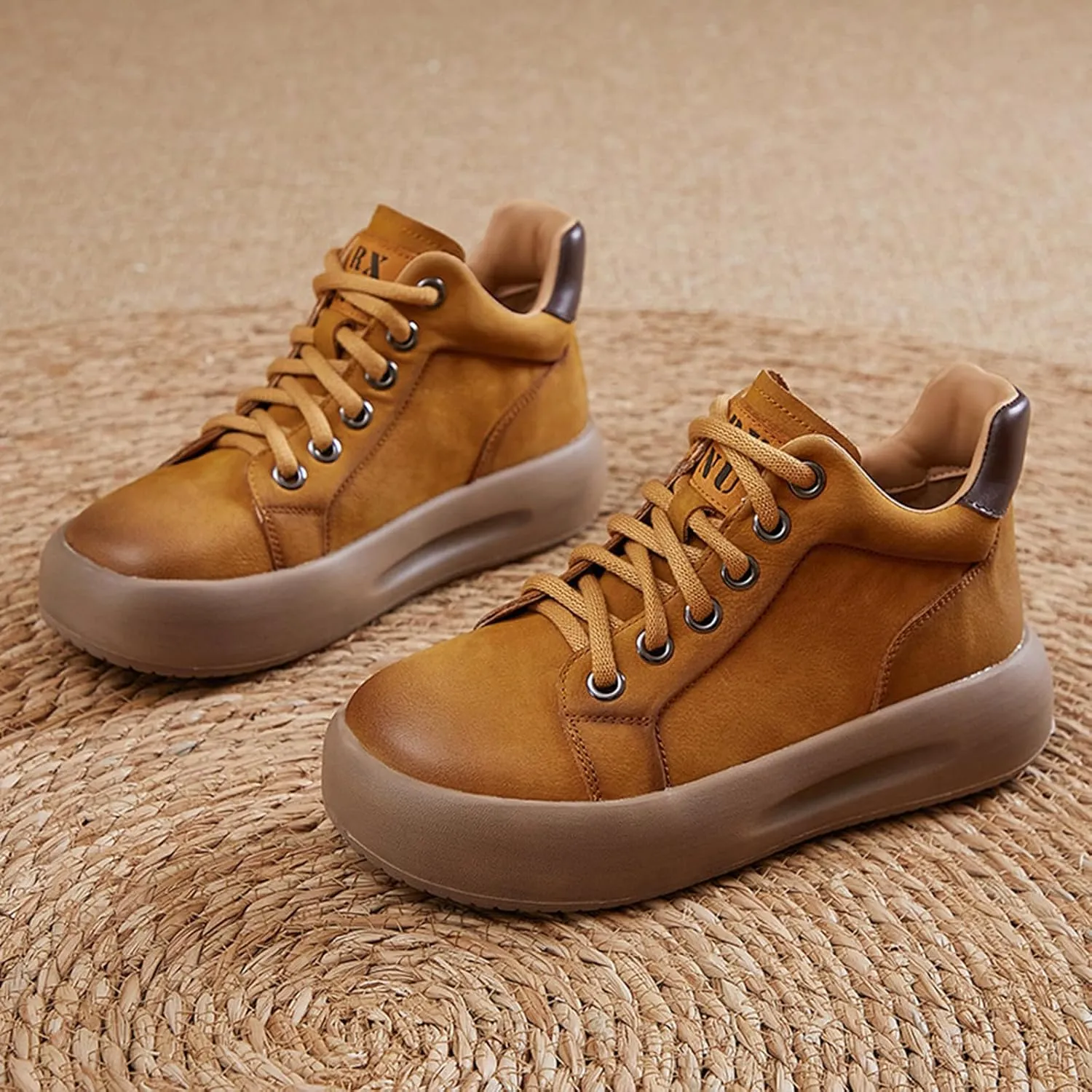 Women's Genuine Leather Platform High Top Fashion Sneaker Retro Round Toe Lace Up Chunky Casual Sneakers Soft Comfortable Heighten Walking Shoes