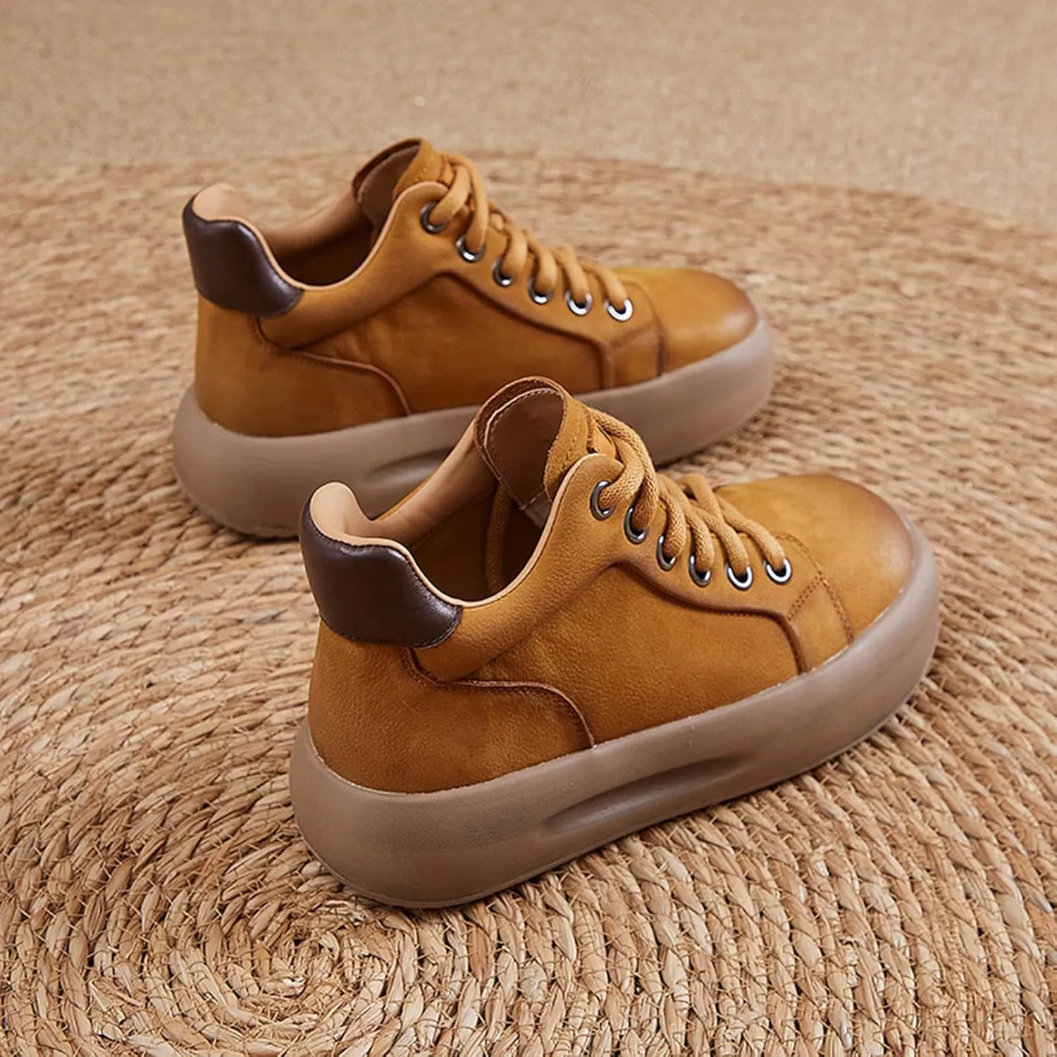 Women's Genuine Leather Platform High Top Fashion Sneaker Retro Round Toe Lace Up Chunky Casual Sneakers Soft Comfortable Heighten Walking Shoes