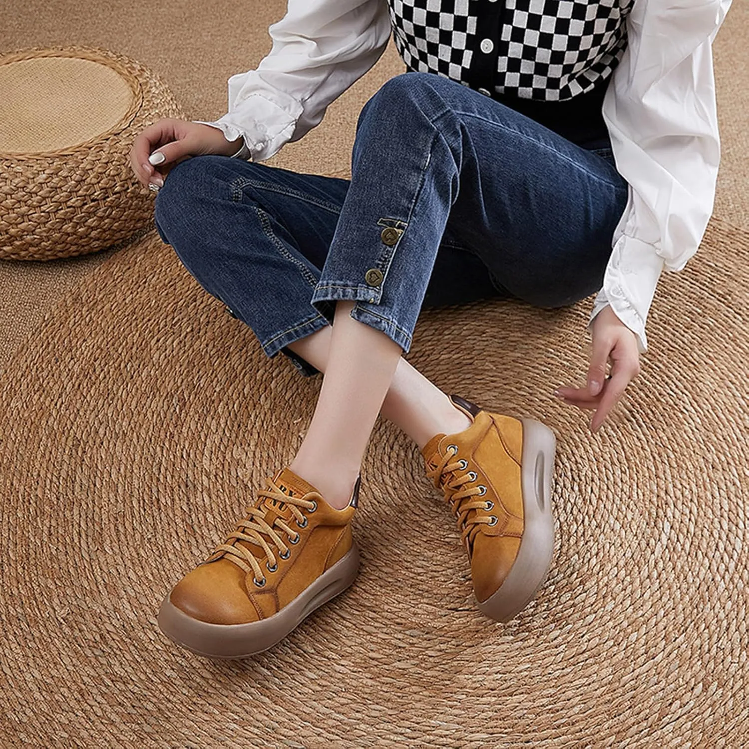 Women's Genuine Leather Platform High Top Fashion Sneaker Retro Round Toe Lace Up Chunky Casual Sneakers Soft Comfortable Heighten Walking Shoes