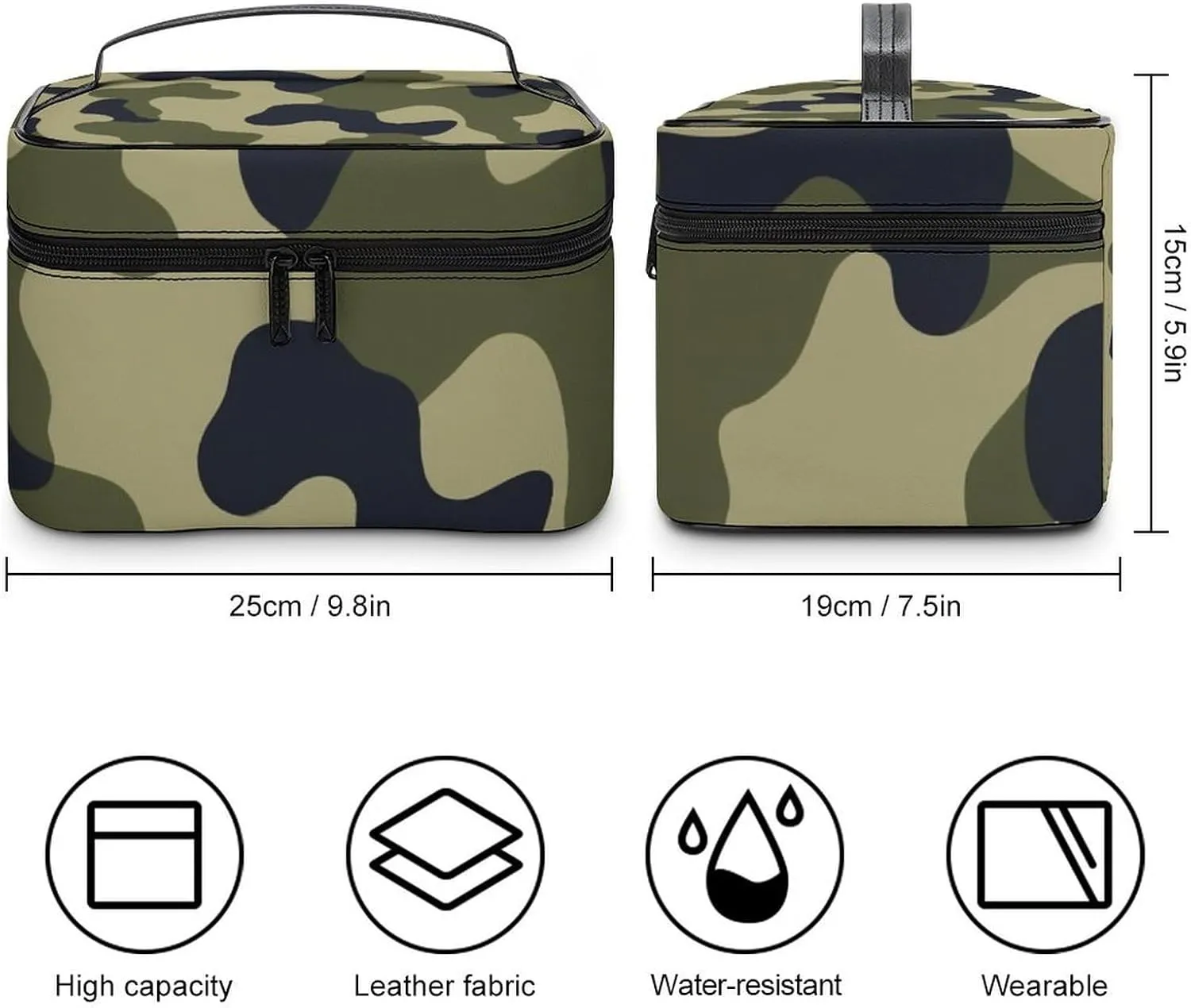 Women's Green Camo Army Camouflage 3D Print Cosmetic Storage Bag, Large Capacity Makeup Case with Handle Portable Travel Toiletry Organizer Bag