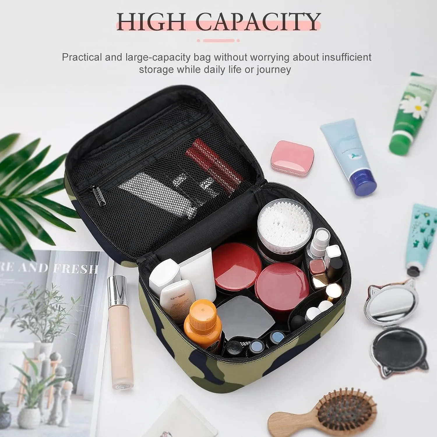 Women's Green Camo Army Camouflage 3D Print Cosmetic Storage Bag, Large Capacity Makeup Case with Handle Portable Travel Toiletry Organizer Bag