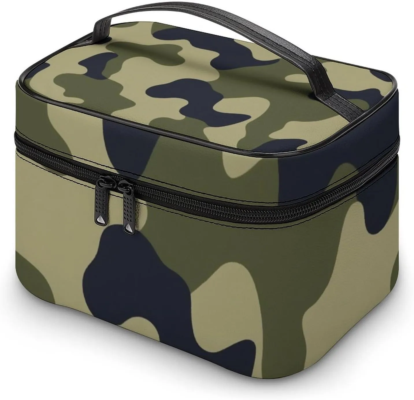 Women's Green Camo Army Camouflage 3D Print Cosmetic Storage Bag, Large Capacity Makeup Case with Handle Portable Travel Toiletry Organizer Bag