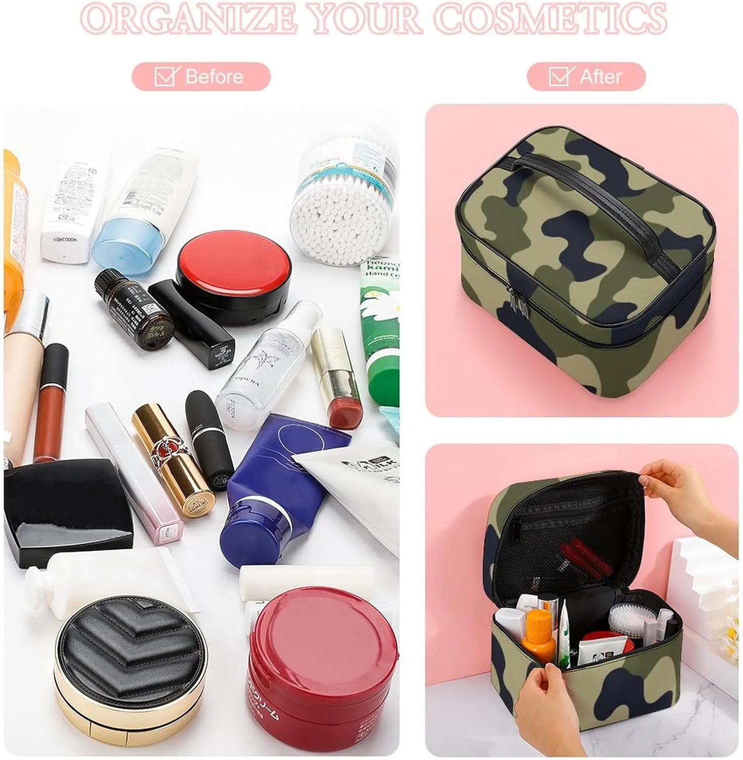 Women's Green Camo Army Camouflage 3D Print Cosmetic Storage Bag, Large Capacity Makeup Case with Handle Portable Travel Toiletry Organizer Bag