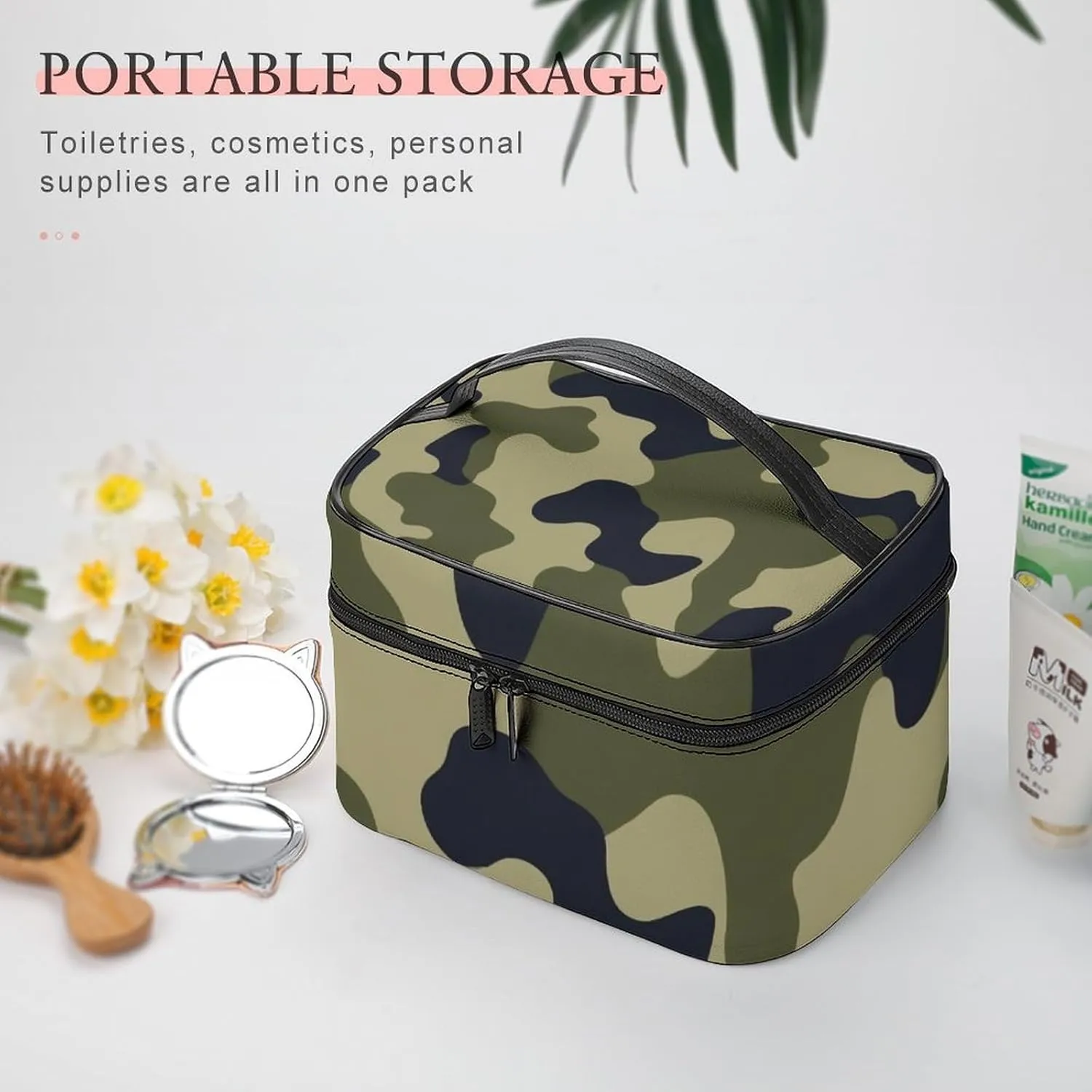 Women's Green Camo Army Camouflage 3D Print Cosmetic Storage Bag, Large Capacity Makeup Case with Handle Portable Travel Toiletry Organizer Bag