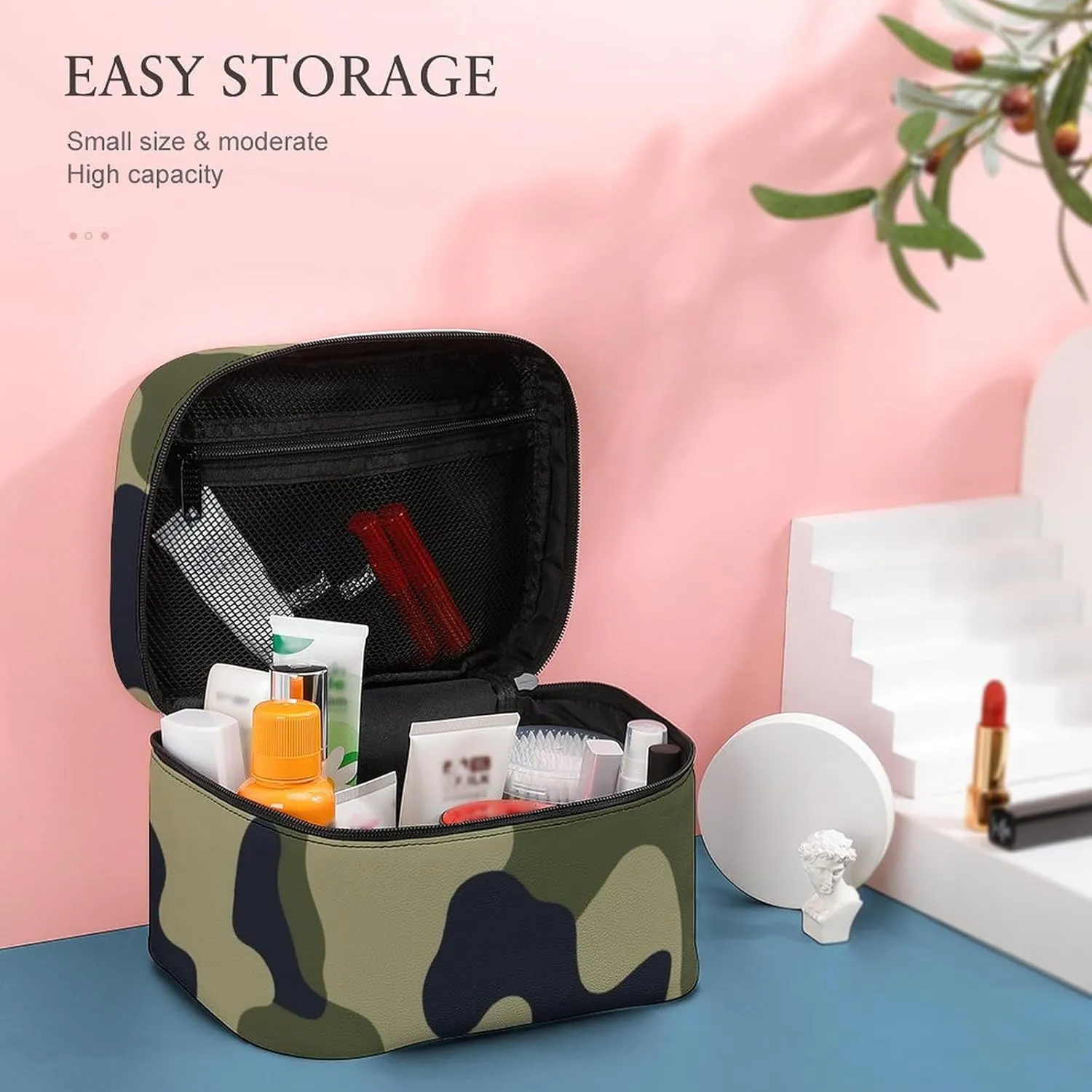 Women's Green Camo Army Camouflage 3D Print Cosmetic Storage Bag, Large Capacity Makeup Case with Handle Portable Travel Toiletry Organizer Bag
