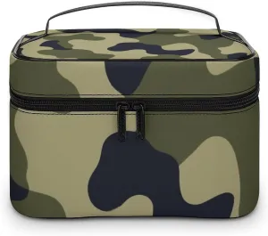 Women's Green Camo Army Camouflage 3D Print Cosmetic Storage Bag, Large Capacity Makeup Case with Handle Portable Travel Toiletry Organizer Bag